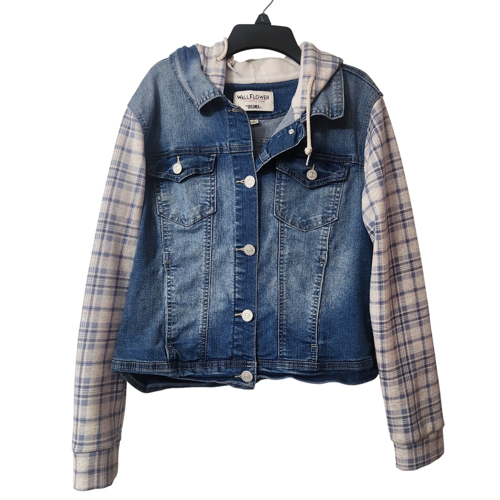 Hooded Denim Jacket with Flannel‎ Sleeves youth size large
